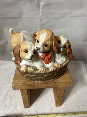 Homco Tan and White Puppy Trio in Basket Figurine